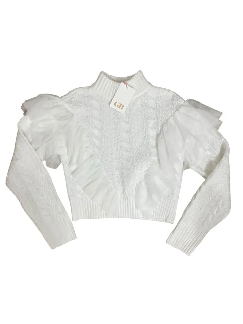 GB White Cable Knit Ruffle Sweater Size S Mock Neck